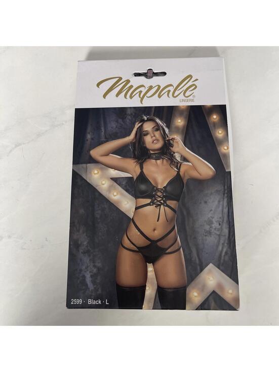 Mapale Other - 2 PCS Mapale Black Strappy Underwired Wet Look Bra & Panty Lingerie Size L 2599